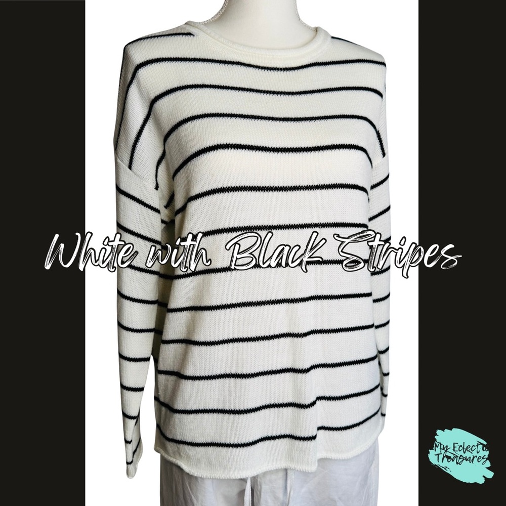 Black White Striped Sweater Women’s Medium Crewneck Knit Cozy Classic